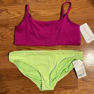 NWT Athleta Raspberry Scoop bikini top & Lime clean medium Bikini bottoms size L